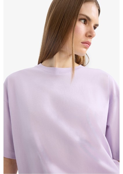 Oversize Geniş Kalıp Bisiklet Yaka Basic Düz Penye Kısa Kollu Tişört C0099AX25SP