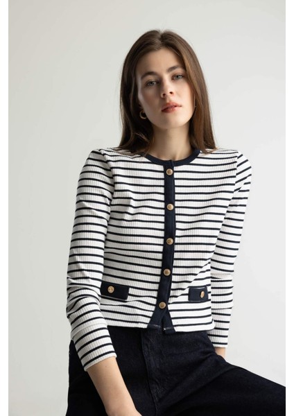 Slim Fit Dar Kesim Bisiklet Yaka Çizgili Uzun Kollu Hırka E4964AX25SP