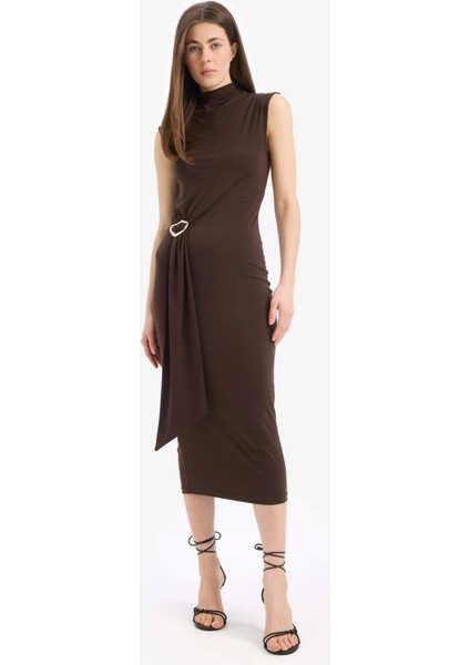 Bodycon Vücudu Saran Balikçı Yaka Basic Düz Tokalı Kolsuz Midi Abiye Elbise E8947AX25SP