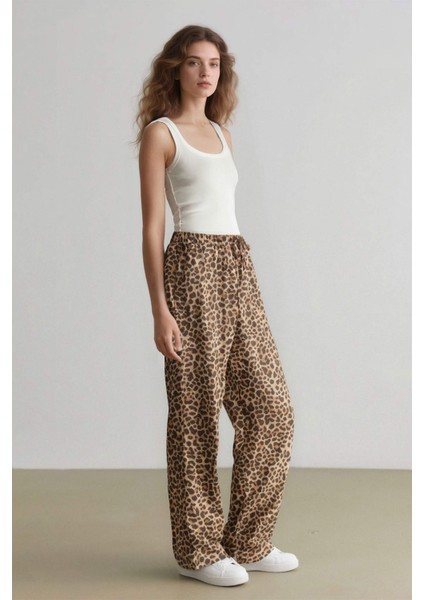 Carrot Fit Leopar Desenli Modal Kumaş Pantolon Çift Cepli Yüksek Bel Düz Paça E6360AX25SP