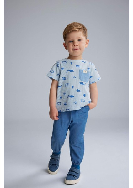 Erkek Bebek 2'li Takım Baskılı Kısa Kollu Tişört Jean Pantolon