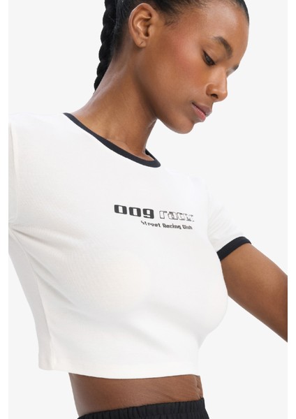 Defactofit Slim Fit Dar Kesim Bisiklet Yaka Slogan Baskılı Sporcu Ribana Kısa Kollu TIŞÖRT E4796AX25SP