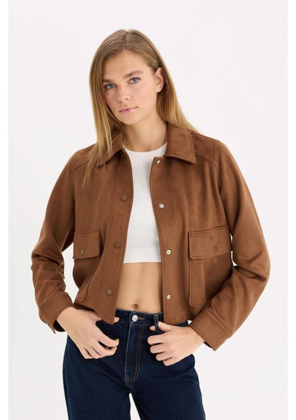 Regular Fit Polo Yaka Cepli Basic Düz Süet Ceket Mont E6033AX25SP modelleri