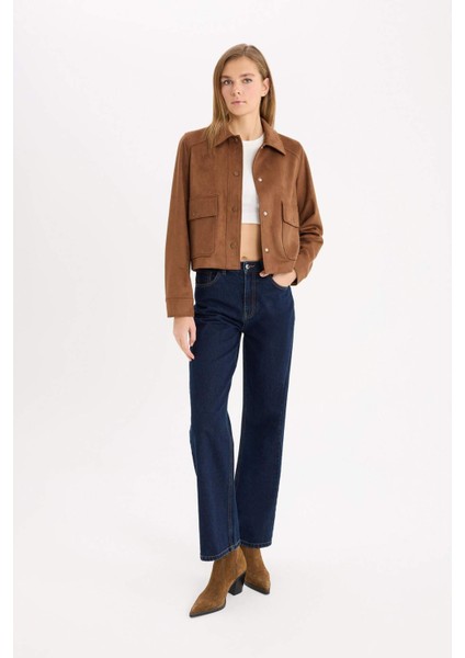 Regular Fit Polo Yaka Cepli Basic Düz Süet Ceket Mont E6033AX25SP fırsatları