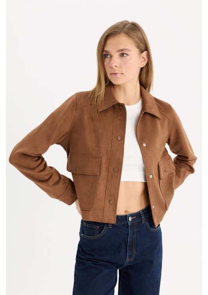 Regular Fit Polo Yaka Cepli Basic Düz Süet Ceket Mont E6033AX25SP indirimleri