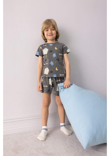 Erkek Bebek Pijama Takımı Desenli Kısa Kollu Penye Üst Beli Lastikli Şort E1180A525HS