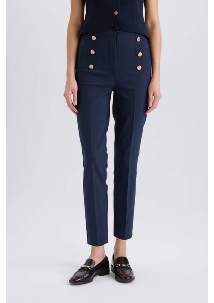 Skinny Fit Yüksek Bel Cepli Düğmeli Düz Paça Kumaş Pantolon E5431AX25SP