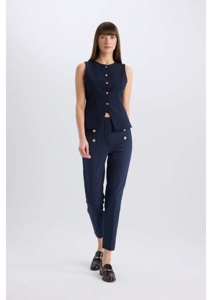 Skinny Fit Yüksek Bel Cepli Düğmeli Düz Paça Kumaş Pantolon E5431AX25SP