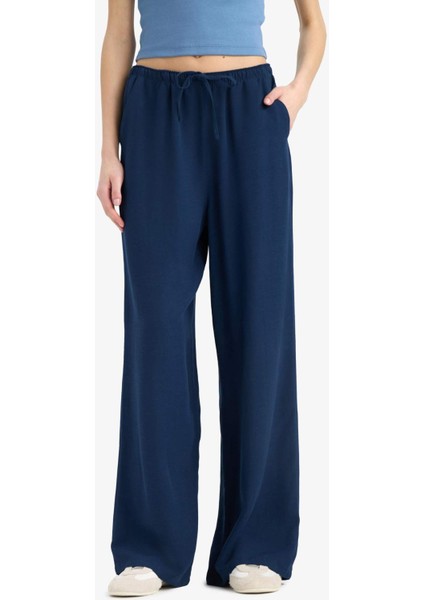 Keten Karışımlı Palazzo Pantolon Wide Leg Geniş Bol Paça Üç Cepli Normal Bel Basic Düz Standart Boy C4545AX25SP