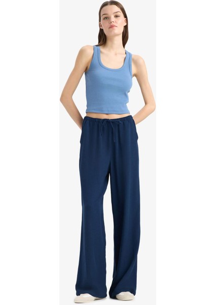 Keten Karışımlı Palazzo Pantolon Wide Leg Geniş Bol Paça Üç Cepli Normal Bel Basic Düz Standart Boy C4545AX25SP fırsatları