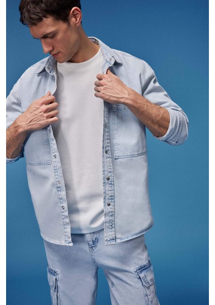 %100 Pamuk Oversize Geniş Kalıp Uzun Kollu Jean Gömlek D8333AX25SP