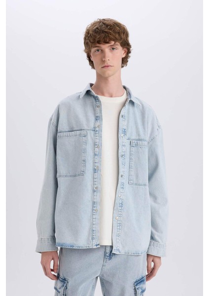 %100 Pamuk Oversize Geniş Kalıp Uzun Kollu Jean Gömlek D8333AX25SP fırsatları