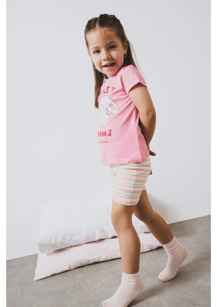 Kız Bebek Pijama Takımı Baskılı Kısa Kollu Fitilli Kaşkorse Üst Beli Lastikli Çizgili Şort E4646A525SM fiyatları