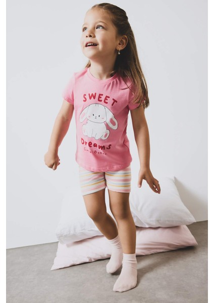 Kız Bebek Pijama Takımı Baskılı Kısa Kollu Fitilli Kaşkorse Üst Beli Lastikli Çizgili Şort E4646A525SM fırsatları