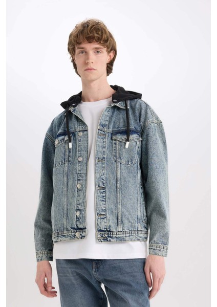%100 Pamuk Oversize Geniş Kalıp Kapüşonlu Düğmeli Mevsimlik Baharlık Jean Ceket D0417AX25SP
