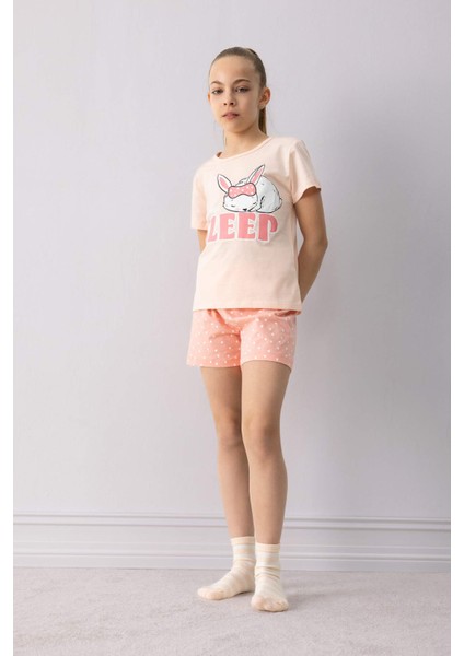 Kız Çocuk Pijama Takımı Baskılı Kısa Kollu Üst Beli Lastikli Şort E6227A825HS