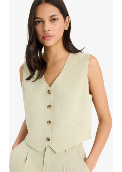 V Yaka Keten Karışımlı Blazer Yelek C3828AX25SM