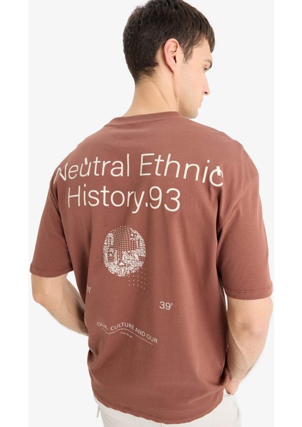 %100 Pamuk Boxy Fit Bisiklet Yaka Sırt Baskılı Kısa Kollu Tişört E1698AX25SM