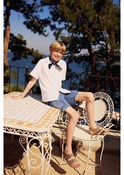 Erkek Çocuk Oversize Geniş Kalıp Polo Yaka Müslin Kısa Kollu Gömlek