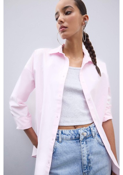 Oversize Geniş Kalıp Basic Düz Oxford Uzun Kollu Gömlek C4597AX25SP