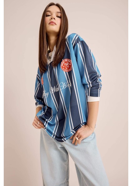 Coool Oversize Geniş Kalıp Polo Yaka Baskılı Forma Kumaşı Uzun Kollu Tişört E5373AX25SP modelleri