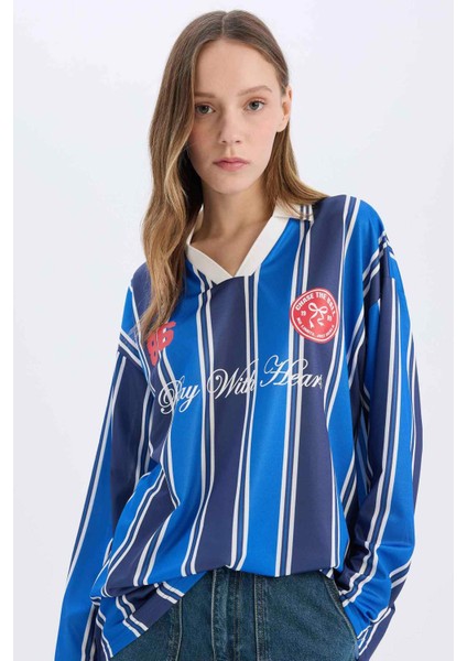 Coool Oversize Geniş Kalıp Polo Yaka Baskılı Forma Kumaşı Uzun Kollu Tişört E5373AX25SP fırsatları