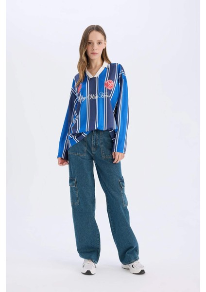 Coool Oversize Geniş Kalıp Polo Yaka Baskılı Forma Kumaşı Uzun Kollu Tişört E5373AX25SP indirimleri