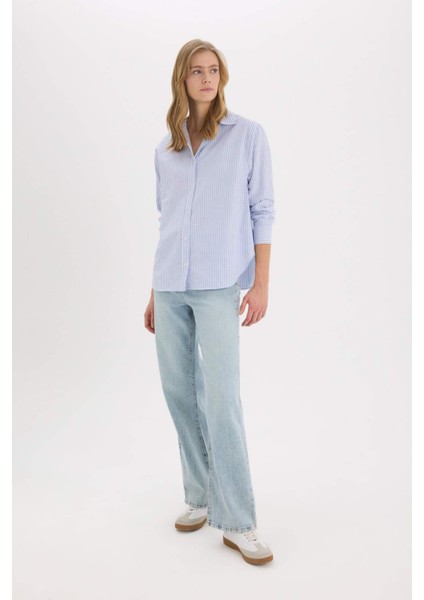 Oversize Geniş Kalıp Çizgili Oxford Uzun Kollu Gömlek D4015AX25SP