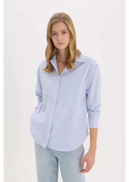 Oversize Geniş Kalıp Çizgili Oxford Uzun Kollu Gömlek D4015AX25SP