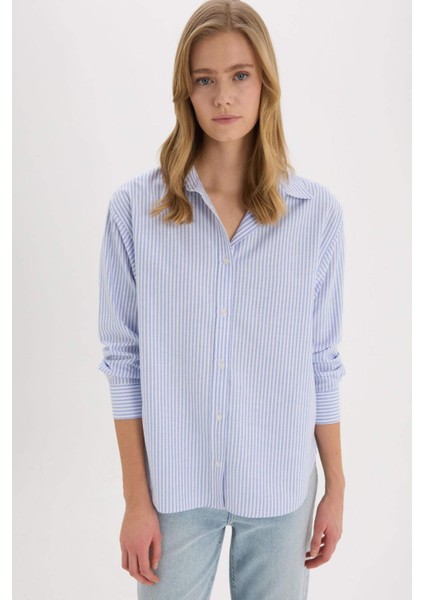 Oversize Geniş Kalıp Çizgili Oxford Uzun Kollu Gömlek D4015AX25SP