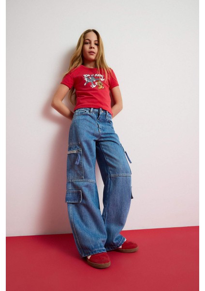 Kız Çocuk Tom & Jerry Cropped Fit Bisiklet Yaka Kısa Kollu Tişört E0479A825SP