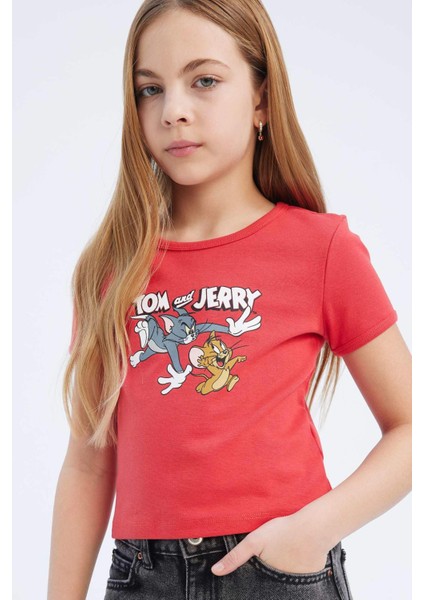 Kız Çocuk Tom & Jerry Cropped Fit Bisiklet Yaka Kısa Kollu Tişört E0479A825SP