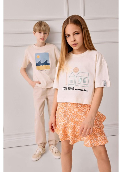 Kız Çocuk Boxy Fit Bisiklet Yaka Baskılı Kısa Kollu Tişört