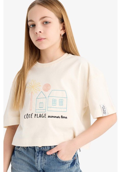 Kız Çocuk Boxy Fit Bisiklet Yaka Baskılı Kısa Kollu Tişört modelleri