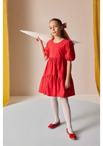 Kız Çocuk Bisiklet Yaka Pamuklu Kısa Kollu Kırmızı Yazlık Elbise B6927A825SM