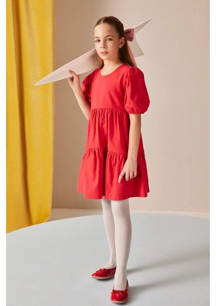 Kız Çocuk Bisiklet Yaka Pamuklu Kısa Kollu Kırmızı Yazlık Elbise B6927A825SM fiyatları