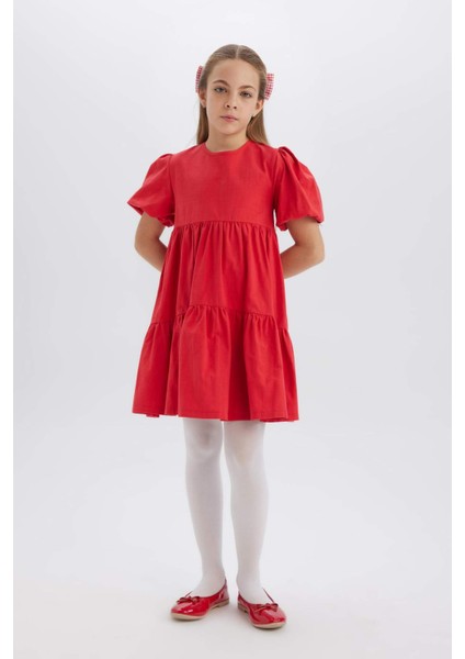 Kız Çocuk Bisiklet Yaka Pamuklu Kısa Kollu Kırmızı Yazlık Elbise B6927A825SM indirimleri