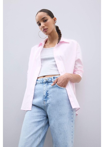 Oversize Geniş Kalıp Basic Düz Oxford Uzun Kollu Gömlek C4597AX25SP
