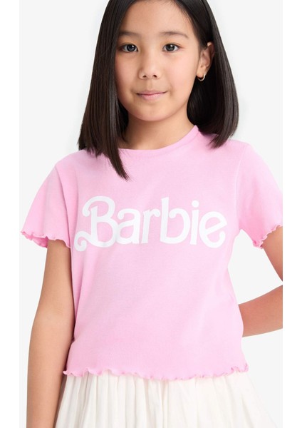 Kız Çocuk Barbie Fitted Bisiklet Yaka Ribana Kısa Kollu Tişört E2614A825SM