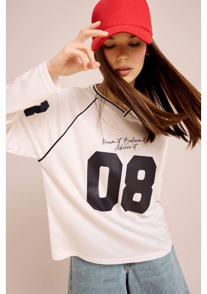 Coool Oversize Geniş Kalıp V Yaka Baskılı Forma Kumaşı Uzun Kollu Tişört E5370AX25SM