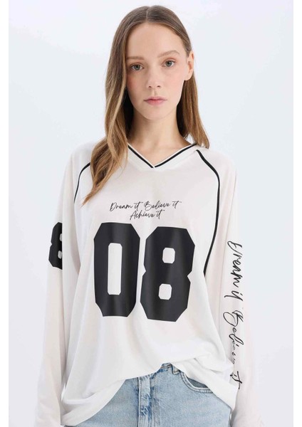 Coool Oversize Geniş Kalıp V Yaka Baskılı Forma Kumaşı Uzun Kollu Tişört E5370AX25SM fırsatları