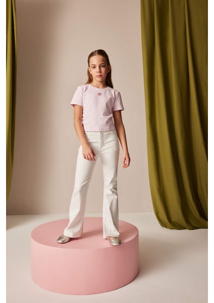 Kız Çocuk Slim Fit Dar Kesim Bisiklet Yaka Kalp Desenli Ribana Kısa Kollu Tişört E0823A825SM fiyatları