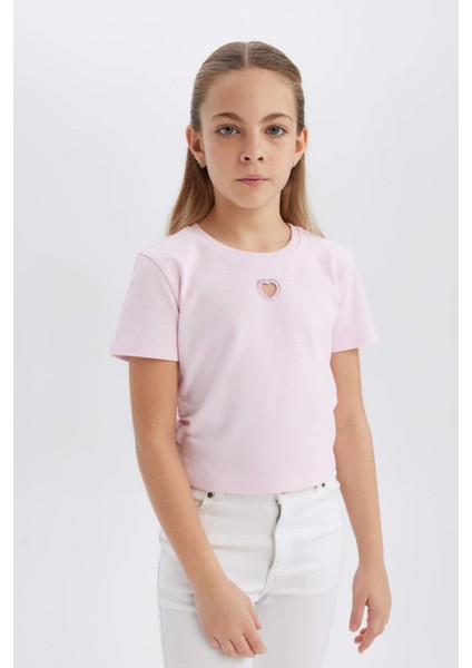 Kız Çocuk Slim Fit Dar Kesim Bisiklet Yaka Kalp Desenli Ribana Kısa Kollu Tişört E0823A825SM indirimleri