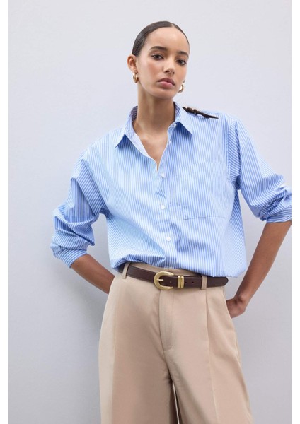 Coool Oversize Geniş Kalıp Çizgili Poplin Uzun Kollu Gömlek E5329AX25SP