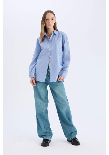 Coool Oversize Geniş Kalıp Çizgili Poplin Uzun Kollu Gömlek E5329AX25SP indirimleri