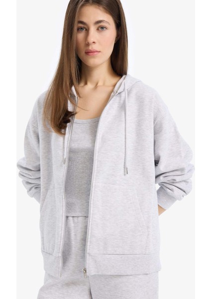 Relax Fit Kapüşonlu Cepli Basic Düz Fermuarlı Sweatshirt C1809AX25SP