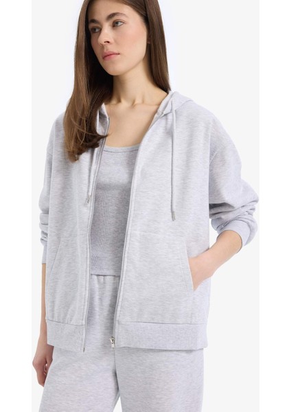 Relax Fit Kapüşonlu Cepli Basic Düz Fermuarlı Sweatshirt C1809AX25SP fırsatları