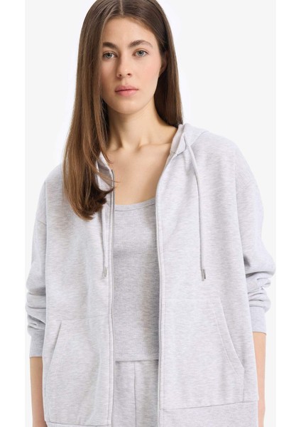 Relax Fit Kapüşonlu Cepli Basic Düz Fermuarlı Sweatshirt C1809AX25SP indirimleri