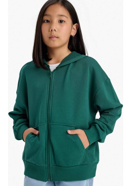 Kız Çocuk Kapüşonlu Basic Düz Cepli Fermuarlı Sweatshirt D9079A825SP