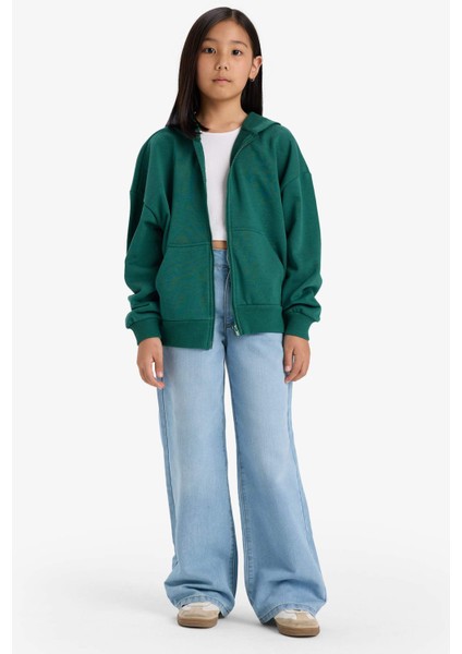 Kız Çocuk Kapüşonlu Basic Düz Cepli Fermuarlı Sweatshirt D9079A825SP